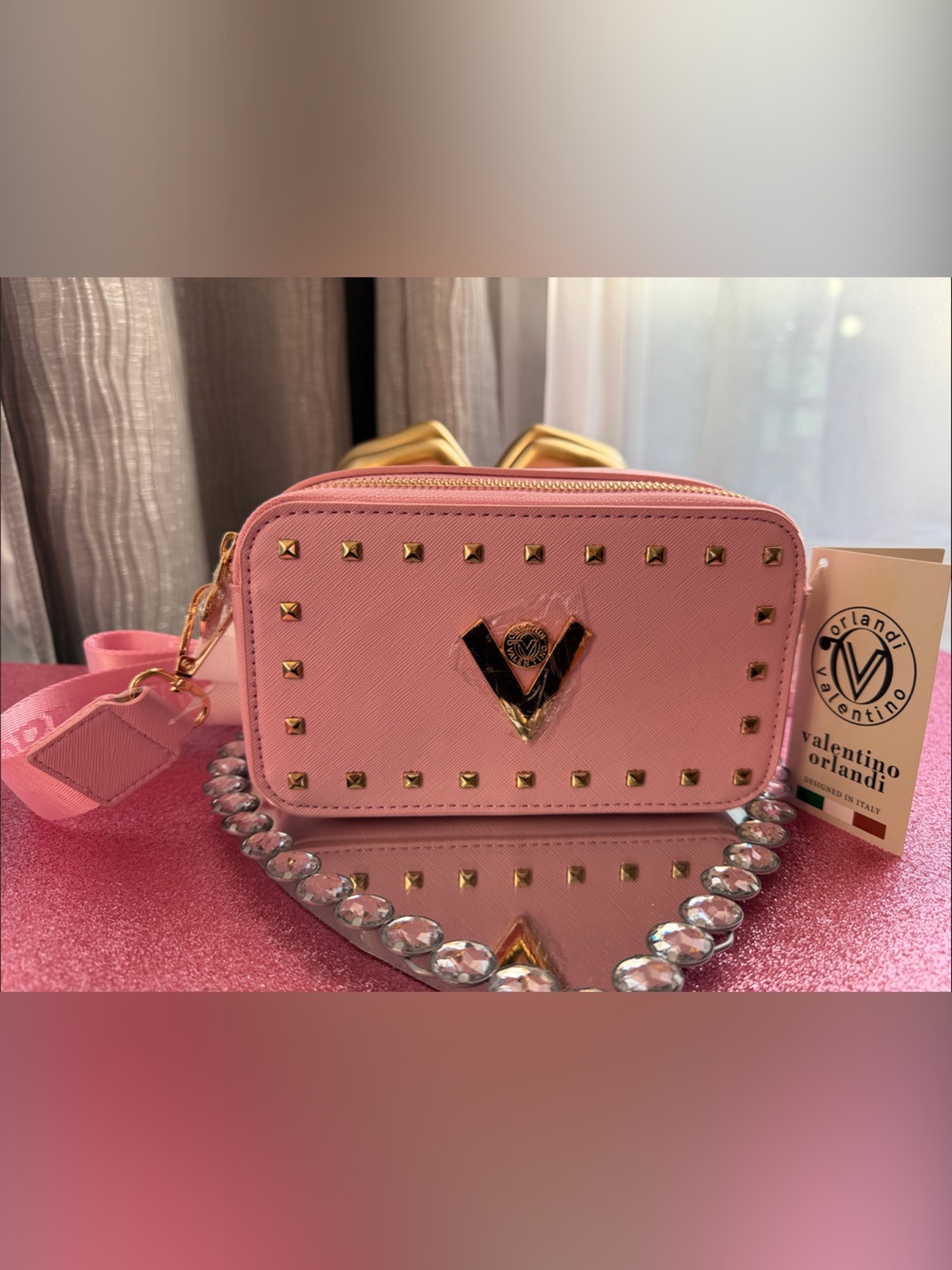 Valentino Orlandi Pink Studded Crossbody with Gold Accents